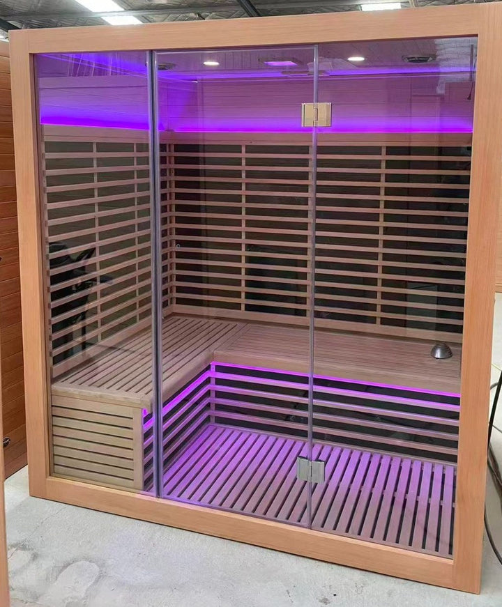 Full spectrum infrared sauna cabin with carbon heating panels and LED lighting