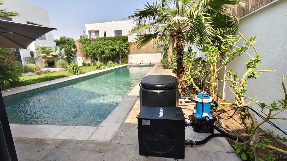 Ice bath with insulated lid and EUDA chiller installed beside a villa pool in Dubai