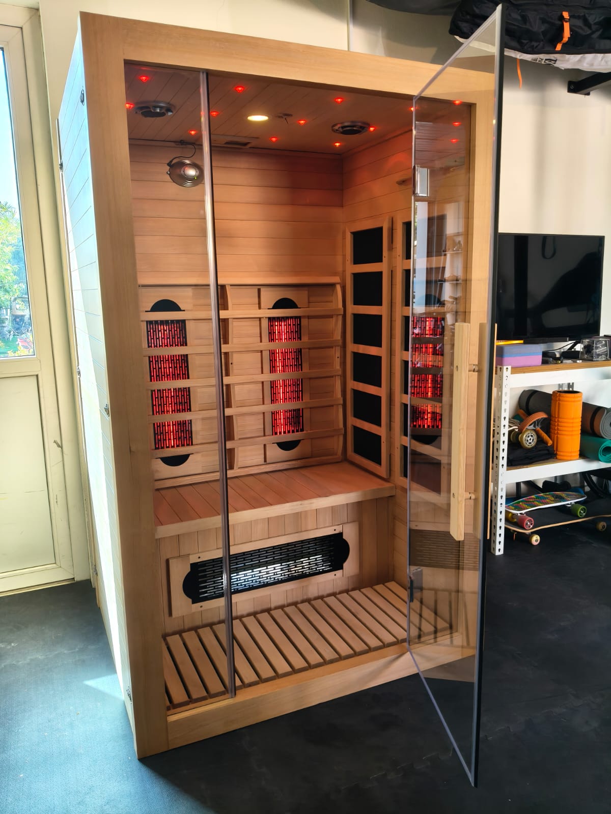 Inside the 2 person full spectrum infrared sauna, carbon heating panels and near infrared emitters, installed in a Dubai home gym