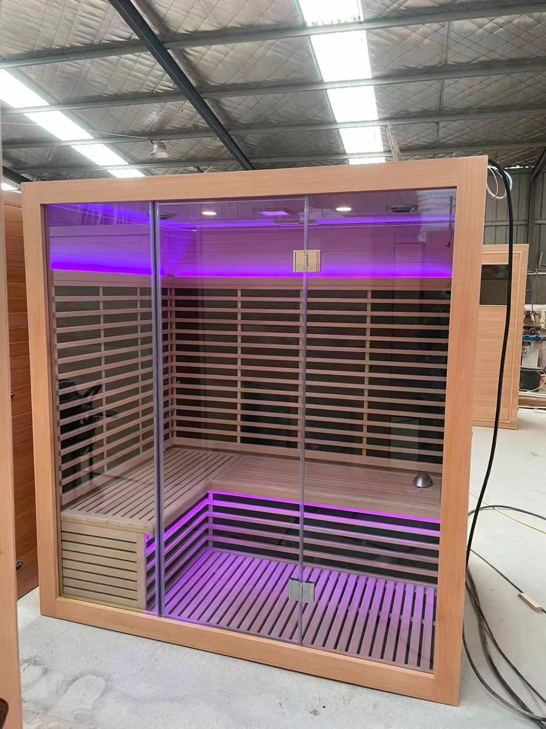 4 person far infrared sauna rental Dubai, premium wood cabin with glass front