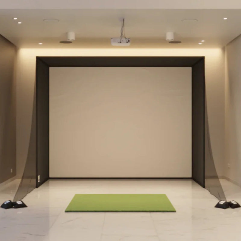 Golf simulator studio rental Dubai, enclosure, impact screen and hitting mat