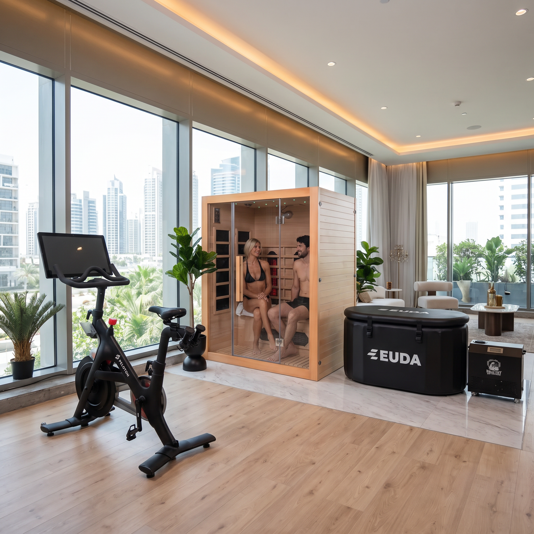 Peloton bike, infrared sauna and EUDA ice bath rental package in a Dubai apartment